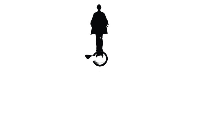 Unicyclist silhouette performs a balancing act on a single wheel against a clean white background, representing the challenge of maintaining perfect equilibrium in a demanding and fast-paced.