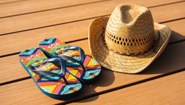 Colorful patterned flip-flops and woven straw hat resting on sunlit wooden deck, with crisp shadows