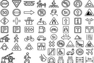 Fototapeta premium Traffic Sign Icons Black Line Art On White Background