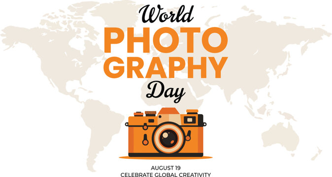 World Photography Day world map background with orange camera badge design