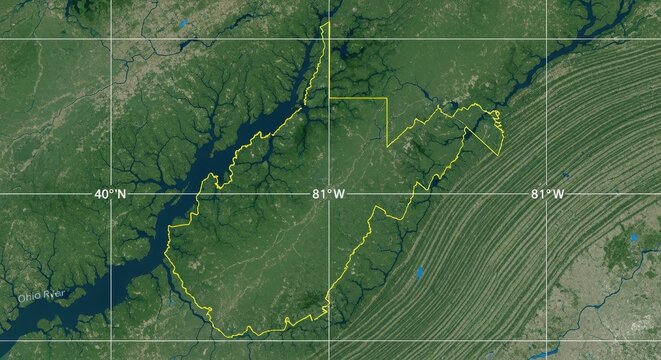 Satellite View Map of West Virginia State Border with Geographic Coordinates and Appalachian Mountain Ridges