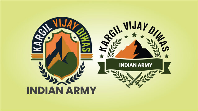 Kargil Vijay Diwas July 26 Victory Day Celebration Design Featuring Brave Indian Army Heroes, National Flag, Snow Mountains, Memorial Badge, Patriotic Colors, Military Excellence, and Honorable 