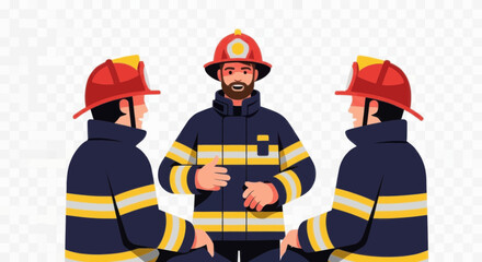 Fototapeta premium Three Firefighters in Uniform with Helmets Standing Together.