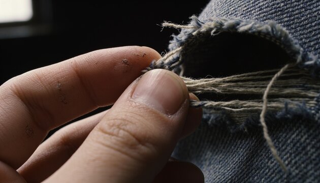 Holding male hand gripping frayed threads from torn blue denim on lap indoors, ink-specked fingers