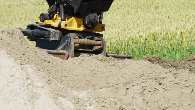 Industrial tracked excavator machine arm lifting and pouring soil on an active building project area highlighting heavy engineering contractor equipment
