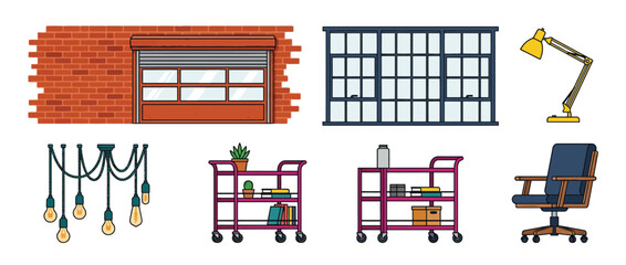 Industrial Style Interior Design Elements Set with Brick Wall Window Furniture and Lighting © karakoram