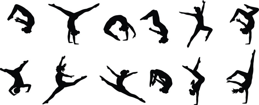 Gymnast silhouette vector illustration set, female acrobat performing flips, jumps and handstand poses