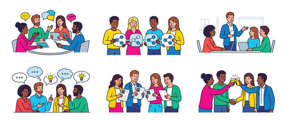 Fototapeta premium Set of Illustrations Featuring People Working Together on Business Projects