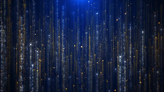 Blue and gold particle rain vertical glowing streaks, sparkling dust, dark digital depth, elegant cinematic shine. for award videos, tech intros, luxury openers, celebration edits, motion overlays.