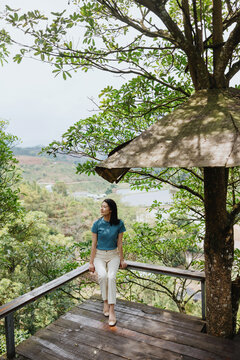 Woman Sitting on Wooden Viewing Deck in Forest Landscape