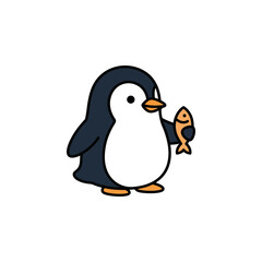 Fototapeta premium Cartoon penguin standing and holding a small yellow fish.