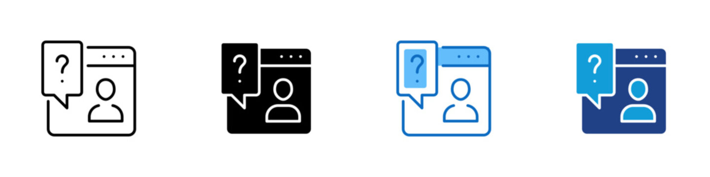 Online Support Inquiry Multiple Style Icon Design Vector - Browser window with question bubble and user profile representing online customer support inquiry, web help portal, and user FAQ