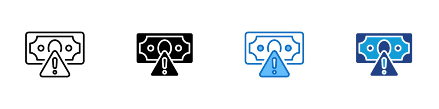 Payment Risk Alert Multiple Style Icon Design Vector - Banknote with warning triangle representing financial transaction risk alert, payment fraud warning, and money error notification in banking
