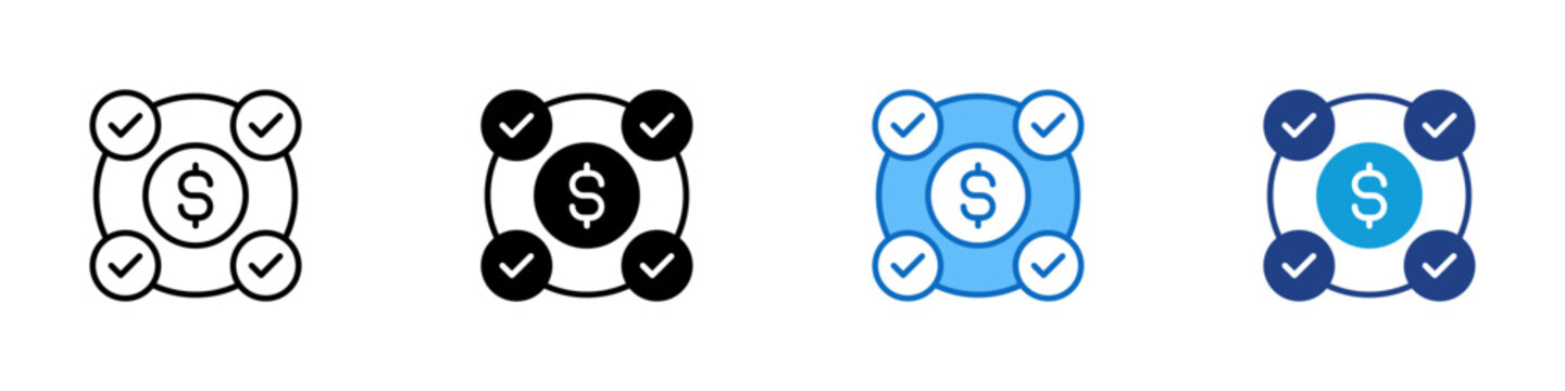 Payment Full Verification Multiple Style Icon Design Vector - Dollar coin with four surrounding checkmarks representing comprehensive payment verification, and multi checkpoint financial clearance
