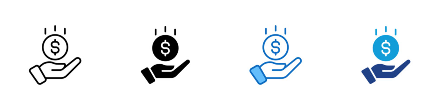 Receiving Money Reward Multiple Style Icon Design Vector - Hand holding radiating coin representing receiving payment, cashback reward delivery, and financial earning benefit