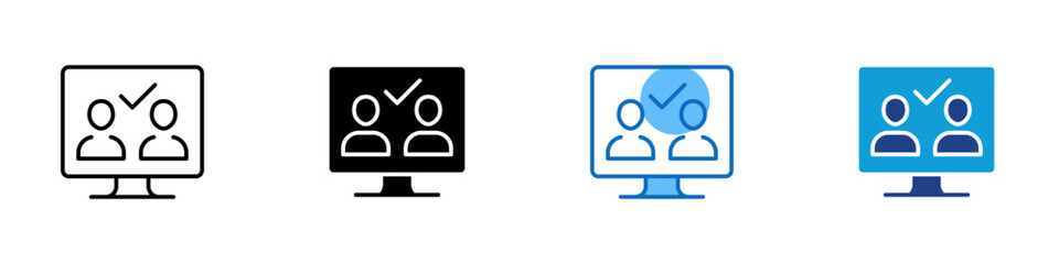 Verified Online Meeting Multiple Style Icon Design Vector - Monitor with two people and checkmark representing verified online meeting, approved virtual attendees, and confirmed video call participant © sahila