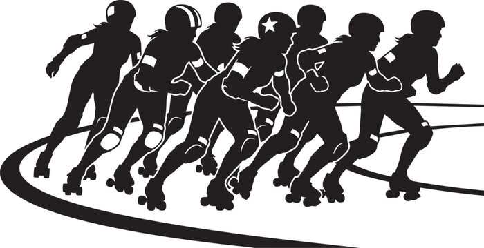 Roller derby team silhouette vector, female athletes racing on quad skates, black and white roller skating competition graphic for sports apparel