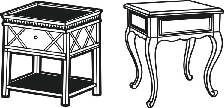 End Table Vector Set &ndash; Wooden Bedside Table and Accent Side Table Line Art Furniture Collection