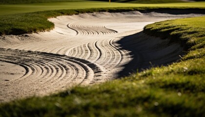 Naklejka premium Showing raked sand bunker casting long shadows with sinuous rake lines on golf course, flagstick