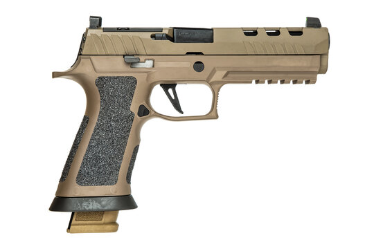 Modern 9mm semi-automatic pistol with desert tan finish isolated on white back