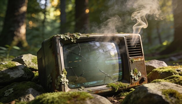 Resting vintage CRT TV decaying on mossy forest floor, showing scan lines and emitting steam