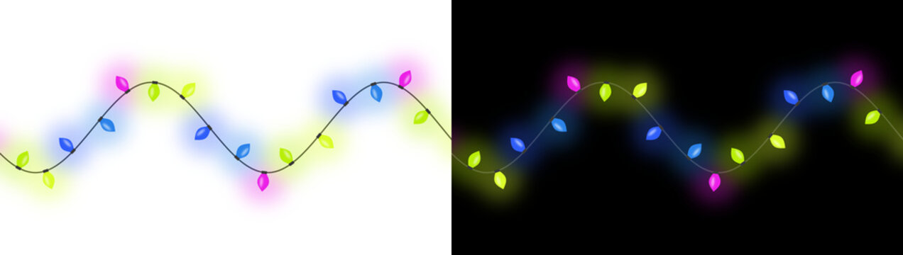 Wavy string of colorful lights with glowing bulbs on transparent background holiday christmas festival illuminated bulb decorative wave