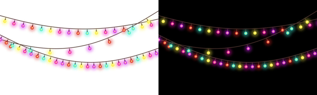 Colorful string lights with glowing bulbs and wires a decorative vector illustration on transparent background holiday christmas festive
