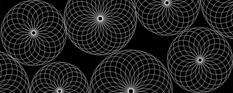 Black background with elegant white geometric spirograph line patterns abstract circular guilloche texture vector