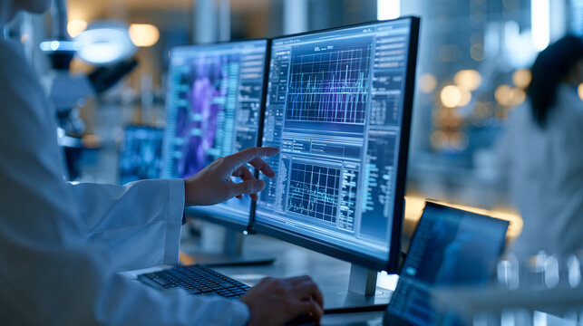 Faceless researcher interacting with an AI-powered scientific analysis platform in a modern laboratory, data visualization and machine learning visible on screens, defocused lab