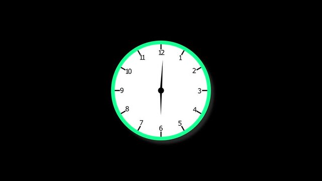 sine clock icon with moving arrows in 12 hour loop. Clock spinning, watch animation on black background with alpha channel. 4k animation.