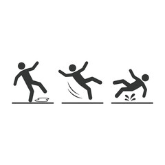 Obraz premium Person slipping on wet floor icon set. Caution sign showing fall hazard and accident risk.