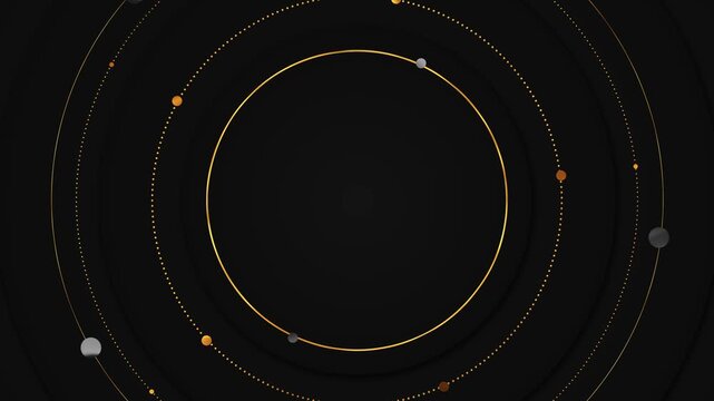 Black gold circular orbit thin rings, dotted paths, floating spheres, premium dark center space. luxury titles, technology intros, astrology visuals, logo reveals, product promos, elegant video loops.