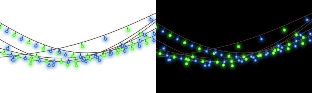 Illuminated string lights with green and blue bulbs on transparent background fairy holiday christmas festive glowing bulb lightbulb
