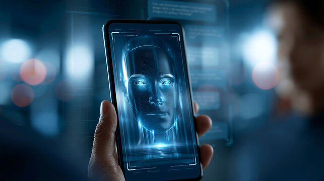 Futuristic virtual AI assistant avatar with glowing digital face on a smartphone screen, conversational AI interface, defocused digital background, AI virtual assistant avatar