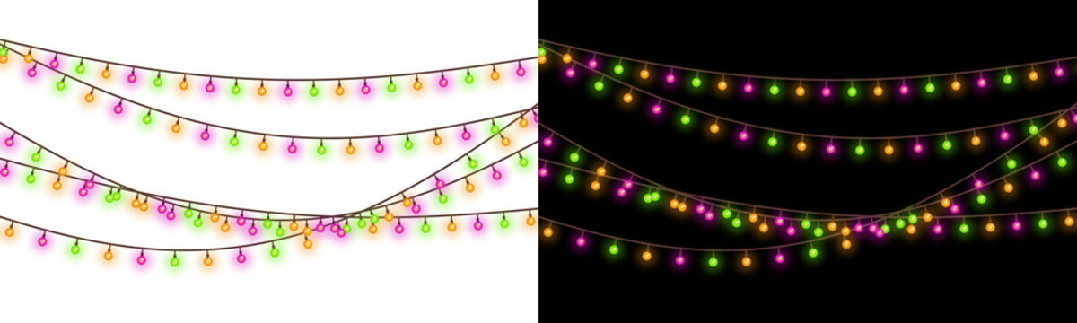 Colorful string lights arranged in wavy lines a decorative element on transparent background fairy holiday festival illuminated glowing