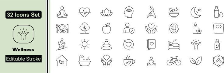 Fototapeta premium Wellness and Holistic Health Line Icons Set - 32 Editable Stroke Mental Well-being, Self Care, and Healthy Lifestyle Vector Elements