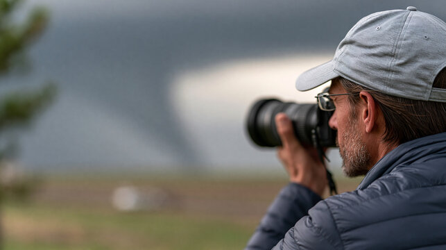 Faceless storm chaser photographing a massive tornado funnel touching down on a Great Plains landscape, defocused open plain in background, tornado storm chaser concept