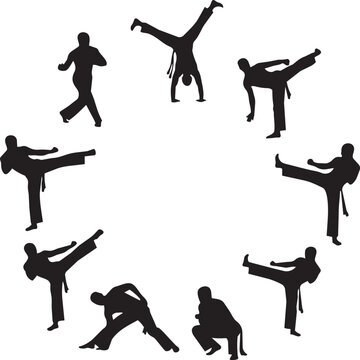 Capoeira martial arts silhouette set, Brazilian dance and combat sport movements, black vector silhouettes of fighters in circular arrangement