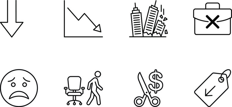Business crisis line icons recession job loss and financial downturn