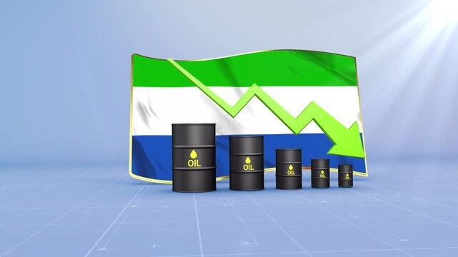 Sierra Leone Oil Price Falling with Oil Barrels Downward Green Arrow and 3D Financial Data Visualization Graphs for Economy and Business Concept