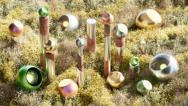 Metal and Wood Sculptures Emerging from Wildflower Meadow