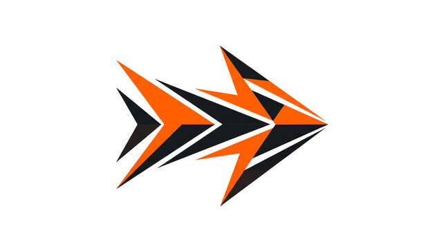 Dynamic geometric arrow logo, orange and black abstract fish symbol, modern sharp directional icon for sports and technology branding isolated PNG with Transparent Background