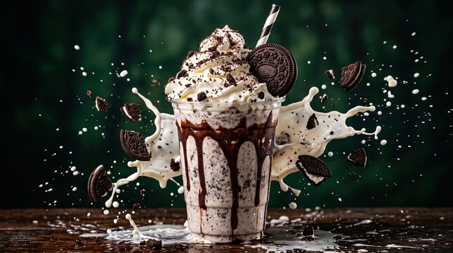 Creamy chocolate cookie milkshake with whipped cream and splashing milk on wooden table milkshake chocolate beverage refreshing delicious