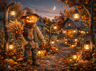 Fototapeta premium Enchanting halloween scarecrow garden autumn pumpkins lanterns and spooky night scene