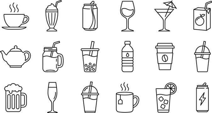 Beverage Line Icon Set &ndash; Coffee, Tea, Juice, Soda, Cocktail, Beer, and Bubble Tea Drink Outline Vector Icons