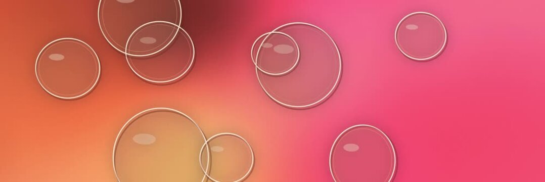 Transparent glass bubbles floating over a coral, hot pink and orange gradient, website banner seamless loop animation for a vibrant colorful backdrop