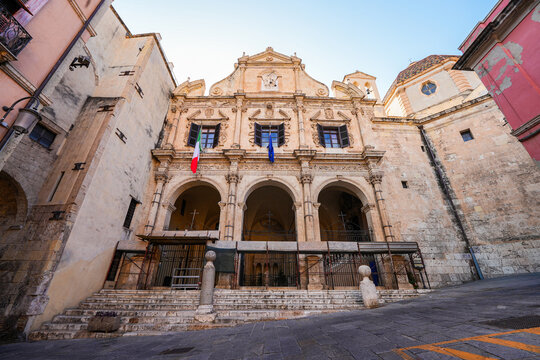Baroque facade and staircase of the Church of Saint Michael in Cagliari, Sardinia, Italy