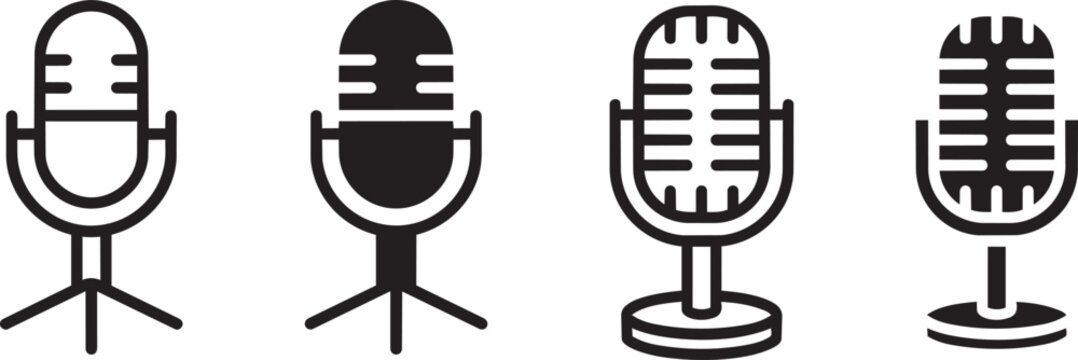 Retro Vintage Microphone Icons Set - Studio Microphone Vector Symbols for Podcast, Radio Broadcasting, and Audio Recording