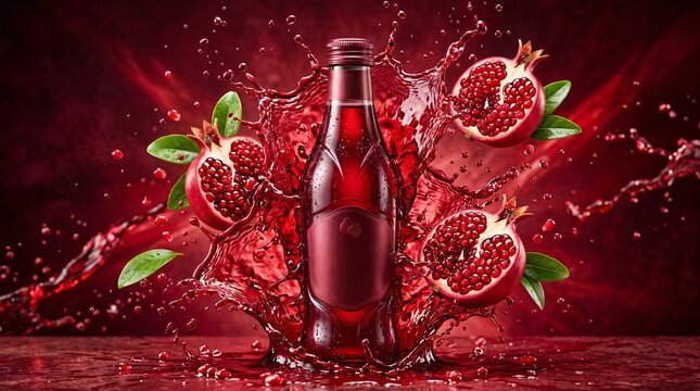 Glass bottle of pomegranate juice with explosive fruit splashes on red background pomegranate beverage refreshing sparkling ingredient culinary