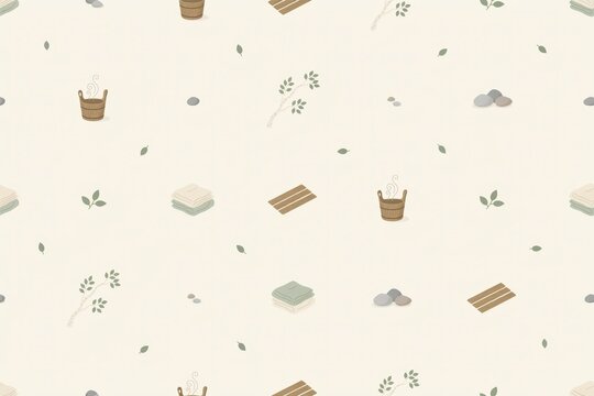 Minimalist seamless pattern with spa and wellness including wooden buckets, folded towels, bamboo mats, river stones, and green plant sprigs